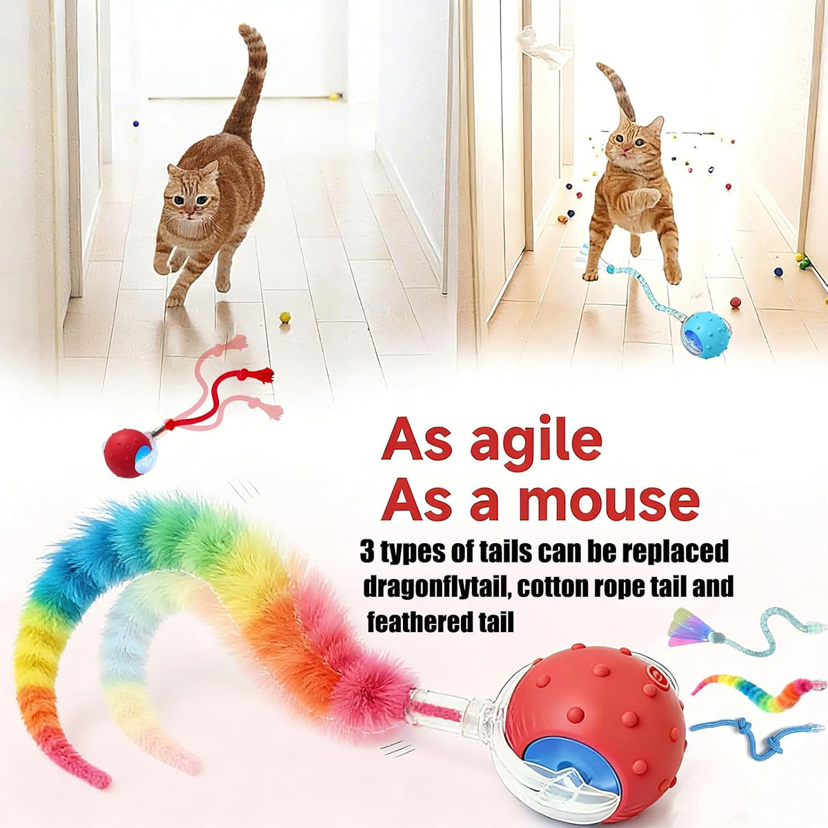 2PCS Interactive Cat Toys for Indoor Cats with 6 Tails, Automatic Cat Toy