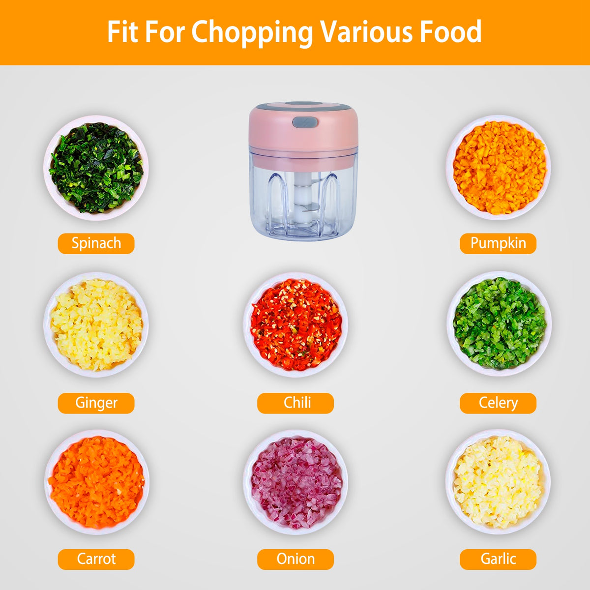Mini Electric Garlic Chopper 8.45OZ Cordless Garlic Mincer Food Chopper Rechargeable Food Blender Chili Nut Onion Pepper Meat Ginger Food